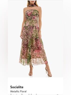 Socialite Metallic Floral Tiered Maxi Skirt in Pink & Green